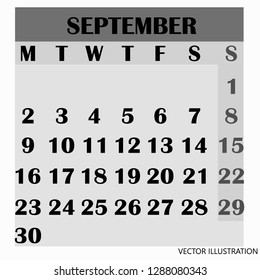 Calendar design month september 2019. Year 2019 calendar. Simple design for calendar 2019. Calendar for organization and business. Week Starts Monday. Vector illustration.