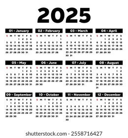 Calendar Design New Year 2025 on Transparent Background