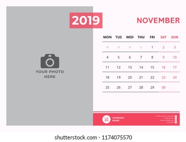 Calendar design for November 2019. Simple red color. Week starts on Monday. Vector design print template with place for photo. 