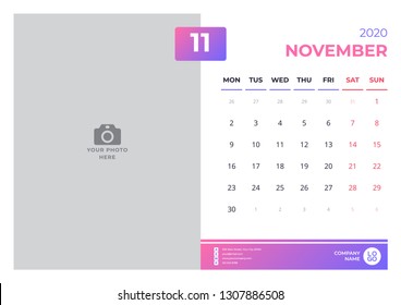 Calendar design for november 2020. simple purple color. week starts on monday. vector design print template with place for photo. 
