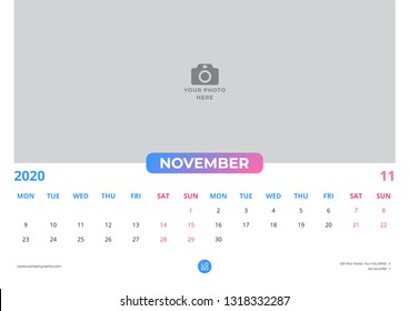 Calendar design for november 2020. simple blue pink color. week starts on monday. horizontal version. vector design print template with place for photo.