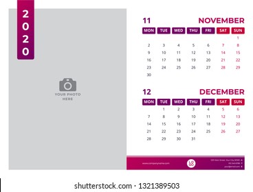 Calendar design for november and december 2020. simple red color. week starts on monday. vector design print template with place for photo.