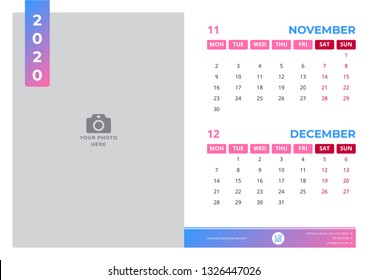 Calendar design for november and december 2020. simple blue pink color. week starts on monday. vector design print template with place for photo.
