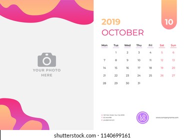Calendar design for October 2019. Simple red and orange background. Week starts on Monday. Vector design print template with place for photo. 