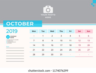Calendar design for October 2019. Simple blue color. Week starts on Monday. Vector design print template with place for photo. 