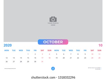 Calendar design for october 2020. simple blue pink color. week starts on monday. horizontal version. vector design print template with place for photo. 