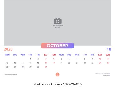 Calendar design for october 2020. simple orange purple color. week starts on monday. horizontal version. vector design print template with place for photo.