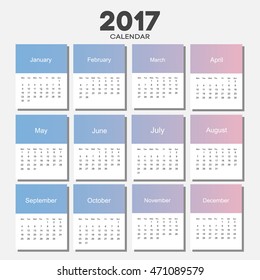 Calendar design on 2017 for wall. Modern and simple wall-calendar on 2017 year with colored gradient background. Vector illustration. 
