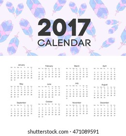 Calendar design on 2017 for wall. Modern and simple wall-calendar on 2017 year with colored background of feathers. Vector illustration.