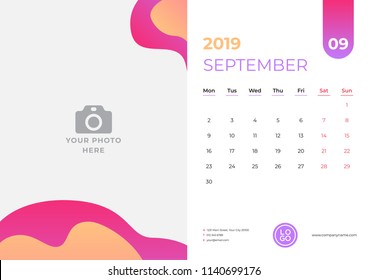 Calendar design for September 2019. Simple red and orange background. Week starts on Monday. Vector design print template with place for photo.
