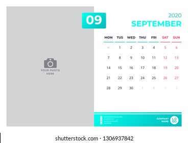 Calendar design for september 2020. simple turquoise color. week starts on monday. vector design print template with place for photo. 