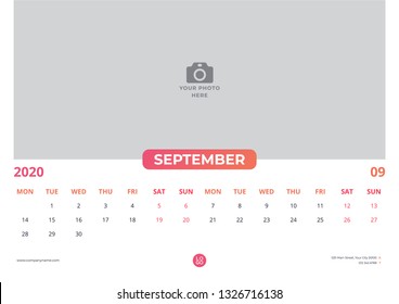 Calendar design for september 2020. simple orange color. week starts on monday. horizontal version. vector design print template with place for photo. 