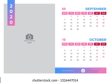 Calendar design for september and october 2020. simple blue pink color. week starts on monday. vector design print template with place for photo.