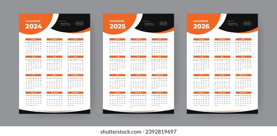 Calendar design set for 2024, 2025, 2026 layout template, week start Sunday corporate design planner design. wall calendar layout template