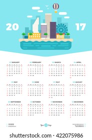Calendar Design Template for 2017 Year. Week starts Monday. Stationery Design. Vector Calendar Poster with Flat Style Illustration. Travel Concept