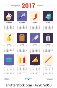 Calendar Design Template for 2017 Year. Week starts Monday. Stationery Design. Vector Calendar Poster with Cooking Icons