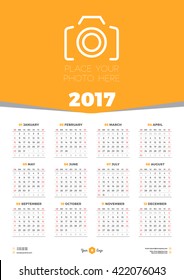 Calendar Design Template for 2017 Year. Week starts Sunday. Stationery Design. Vector Calendar Poster with Place for Photo