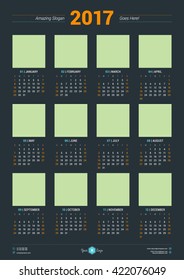 Calendar Design Template for 2017 Year. Week starts Sunday. Stationery Design. Vector Calendar Poster with Place for Photo