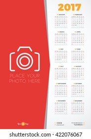 Calendar Design Template for 2017 Year. Week starts Sunday. Stationery Design. Vector Calendar Poster with Place for Photo