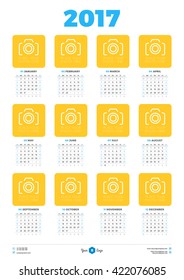 Calendar Design Template for 2017 Year. Week starts Sunday. Stationery Design. Vector Calendar Poster with Place for Photo