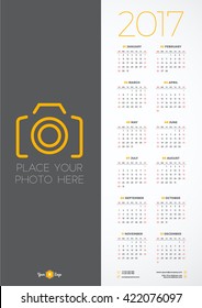 Calendar Design Template for 2017 Year. Week starts Sunday. Stationery Design. Vector Calendar Poster with Place for Photo
