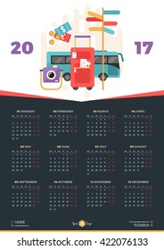 Calendar Design Template for 2017 Year. Week starts Monday. Stationery Design. Vector Calendar Poster with Flat Style Illustration. Travel Concept