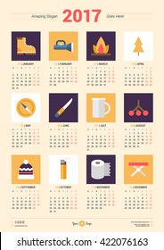 Calendar Design Template for 2017 Year. Week starts Monday. Stationery Design. Vector Calendar Poster with Travel Icons. Travel and Hiking Concept