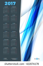 Calendar Design Template for 2017 Year. Week starts Monday. Stationery Design. Vector Calendar Poster with Abstract Background