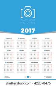 Calendar Design Template for 2017 Year. Week starts Monday. Stationery Design. Vector Calendar Poster with Place for Photo