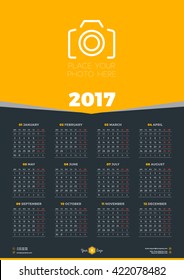 Calendar Design Template for 2017 Year. Week starts Monday. Stationery Design. Vector Calendar Poster with Place for Photo