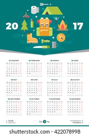 Calendar Design Template for 2017 Year. Week starts Monday. Stationery Design. Vector Calendar Poster with Travel Icons. Travel and Hiking Concept