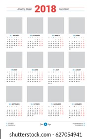Calendar Design Template for 2018 Year. Week starts Monday. Stationery Design. Vector Calendar Poster with Place for Photo