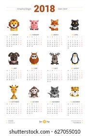 Calendar Design Template for 2018 Year. Week starts Monday. Stationery Design. Vector Calendar Poster with Animal Icons