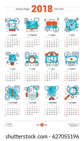 Calendar Design Template for 2018 Year. Week starts Sunday. Stationery Design. Vector Calendar Poster with Business Flat Icons