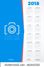 Calendar Design Template for 2018 Year. Week starts on Monday. Vector Calendar Poster with Place for Photo