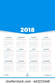 Calendar Design Template for 2018 Year. Week starts on Monday. Stationery Design. Vector Calendar Poster with Place for Photo