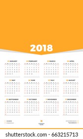 Calendar Design Template for 2018 Year. Week starts on Sunday. Stationery Design. Vector Calendar Poster with Place for Photo