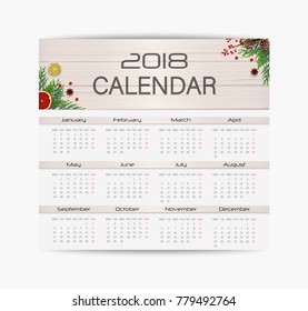 Calendar design template for 2018 Year. Week starts on Monday with plants decoration background