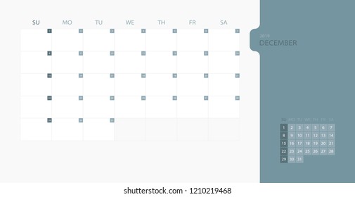 Calendar design template for 2019 Simple planner for December month, week starts on sunday. Design print template with place for logo company. Flat vector illustration EPS10.