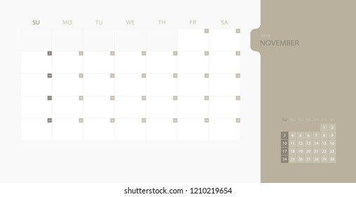 Calendar design template for 2019 Simple planner for November month, week starts on sunday. Design print template with place for logo company. Flat vector illustration EPS10.