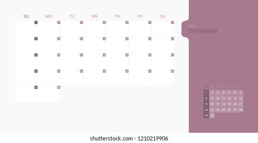 Calendar design template for 2019 Simple planner for September month, week starts on sunday. Design print template with place for logo company. Flat vector illustration EPS10.