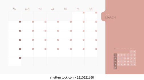 Calendar design template for 2019 Simple planner for March month, week starts on sunday. Design print template with place for logo company. Flat vector illustration EPS10.