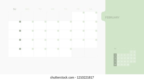 Calendar design template for 2019 Simple planner for February month, week starts on sunday. Design print template with place for logo company. Flat vector illustration EPS10.