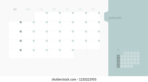 Calendar design template for 2019 Simple planner for January month, week starts on sunday. Design print template with place for logo company. Flat vector illustration EPS10.