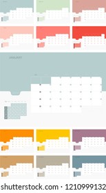 Calendar design template for 2019 Simple planner week starts on sunday. Design print template with place for logo company. Flat vector illustration EPS10.