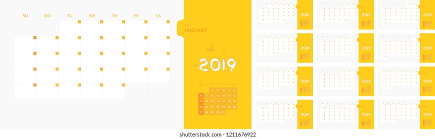 Calendar design template for 2019 Simple planner week starts on sunday. Design print template with place for logo company. Flat vector illustration EPS10.