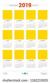 Calendar design template for 2019 year. Week starts on Sunday. Size 11x17. Stationery design. Vector calendar poster