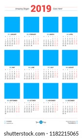 Calendar design template for 2019 year. Week starts on Monday. Size 11x17. Stationery design. Vector calendar poster