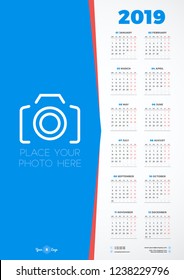 Calendar design template for 2019 year. Week starts on Monday. Stationery design. Vector calendar poster with place for photo