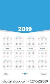 Calendar design template for 2019 year. Week starts on Sunday. Stationery design. Vector calendar poster with place for photo